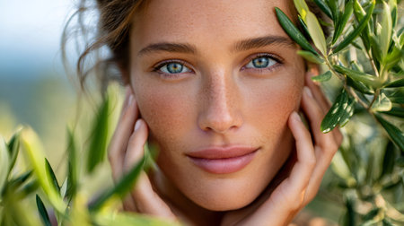 Woman with natural beauty and freckles gently touching her face, surrounded by green olive leavesの素材