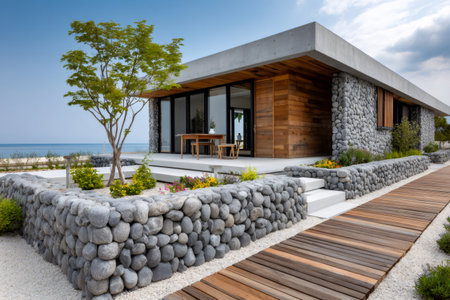 Contemporary coastal property featuring a patio, wooden walkway, and stone landscaping near the oceanの素材