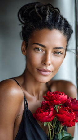 Woman with dreadlocks holding red roses, looking at camera with serene expressionの素材