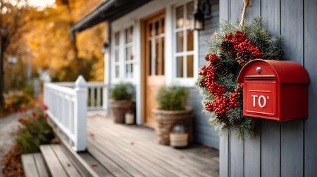 Mailbox and evergreen wreath greeting visitors on a festive house porch during the holiday seasonの素材