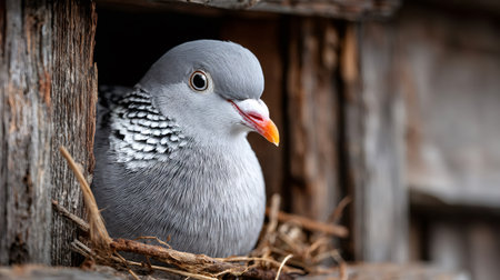 Gray domesticated pigeon incubating eggs in a natural nest boxの素材