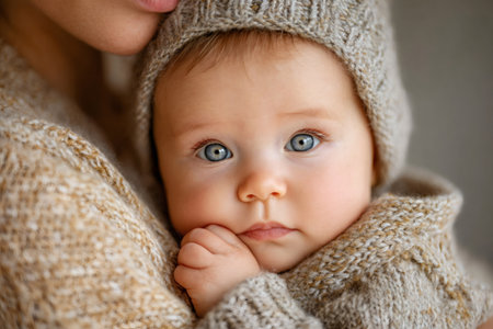 Innocent baby with clear blue eyes looking ahead while wrapped in a warm knitted sweaterの素材