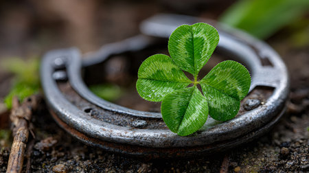 Green four leaf clover with water droplets laying on a worn metal horseshoe in soilの素材