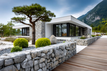 Contemporary house featuring gabion walls, timber decking, and minimalist landscaping reflecting design and natureの素材