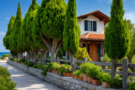 White house featuring a tiled roof and green shutters, surrounded by lush cypress trees and potted plantsの素材