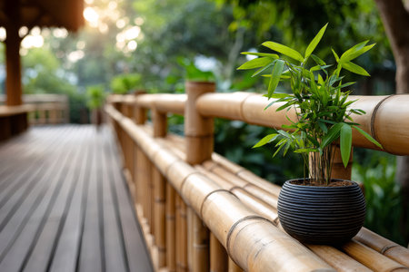 Potted bamboo plant enhancing a peaceful outdoor deck with bamboo railingの素材
