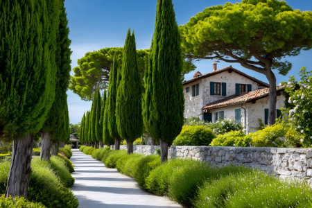 Italian villa standing beside a garden path lined with cypress trees and green bushes under a clear skyの素材