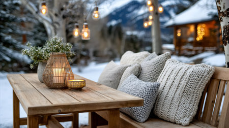 Outdoor patio creating a warm and inviting atmosphere in a snowy mountain settingの素材