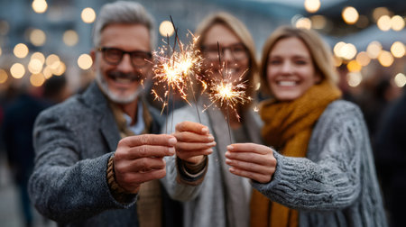 Three happy people holding sparklers outdoors during a festive celebrationの素材