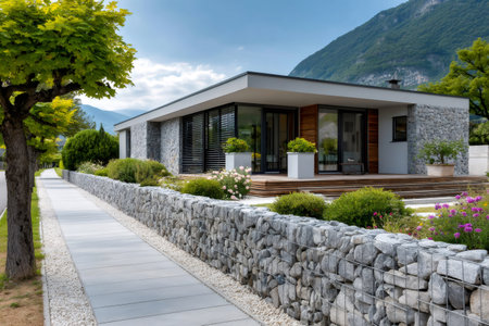 Contemporary house featuring a gabion wall, sidewalk, and lush landscaping in a mountain settingの素材