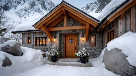 Rustic wooden and stone lodge providing a comfortable winter retreat in a cold snowy landscapeの素材