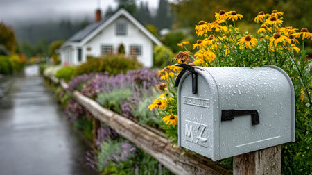Metal mailbox standing by a wooden fence, wet from rain, with a blurred house in the backgroundの素材