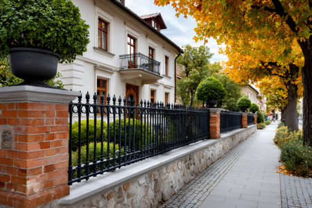 Elegant residential house with a wrought iron fence and autumn trees lining the streetの素材