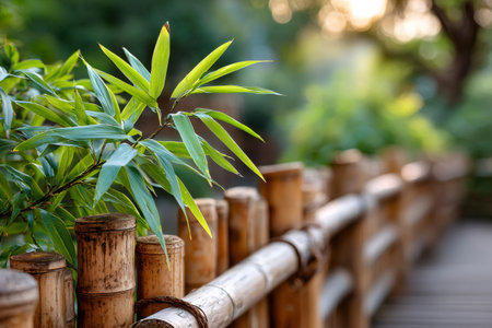 Bamboo foliage flourishing next to a rustic garden fence in soft lightの素材