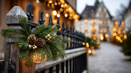 Holiday outdoor decoration featuring pine cones, green fir branches, and warm bokeh lights on a city streetの素材