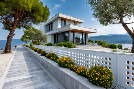 Contemporary luxury villa with minimal design featuring a patio and surrounding landscape by the seaの素材