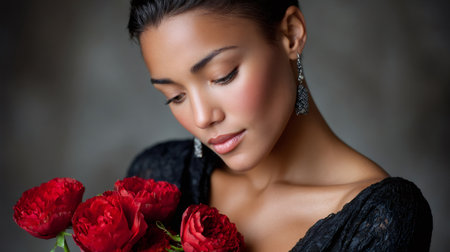 Beautiful woman embracing red ranunculus flowers, expressing contemplation and romanceの素材