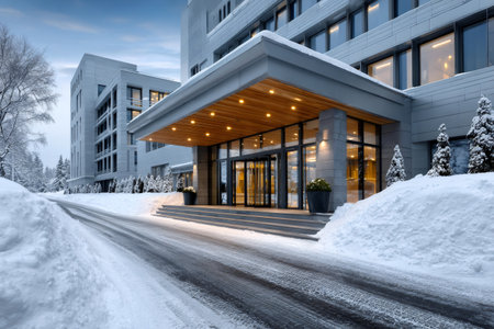 Hotel building entrance, featuring contemporary architecture and snowy surroundings, suggesting winter travelの素材