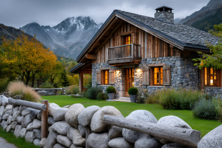 Traditional alpine house with warm lights illuminating glowing windows in an autumn mountain landscapeの素材