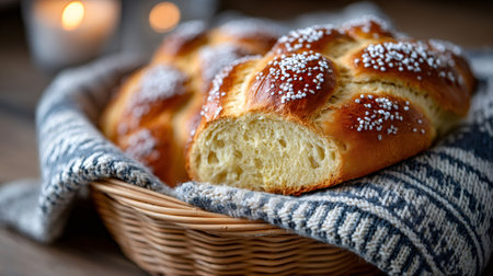 Sweet braided challah bread, topped with pearl sugar, resting in a cozy basketの素材
