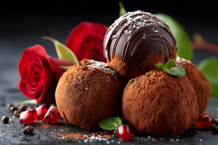 Chocolate truffles with red roses and pomegranate seeds on a dark backgroundの素材