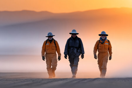 Men are walking away while kicking up dust in a desolate desert landscapeの素材