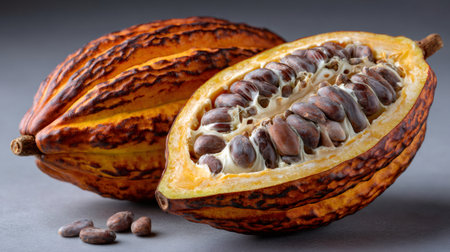 Cacao fruit with one pod whole and another cut open displaying raw beansの素材