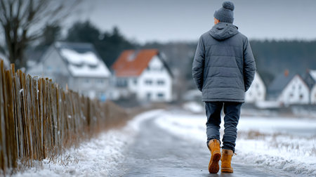 Man walking away on a slippery winter path in a small snow covered villageの素材