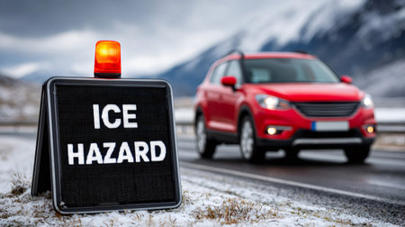 Ice hazard sign alerting drivers on a snow covered mountain road with a red vehicleの素材