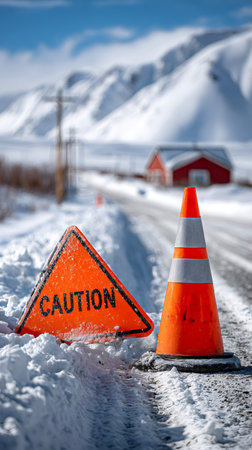 Orange caution sign and a traffic cone warning about winter hazards on a snowy roadの素材