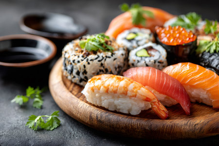 Sushi platter offering various fresh nigiri, maki rolls, and soy sauceの素材