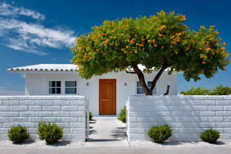 Modern architecture, bright white house with a blooming treeの素材