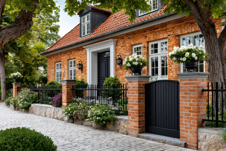 Traditional brick house exterior with a black fence, gate, and cobblestone path surrounded by green treesの素材