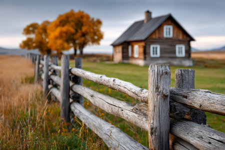 Rustic wooden fence stretching across a rural field towards a classic cabin during autumnの素材