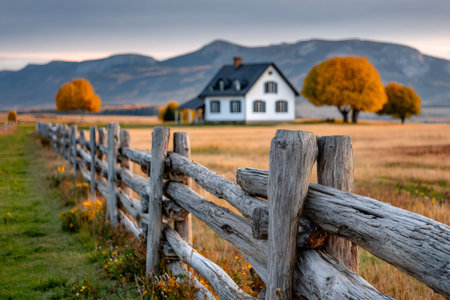 Old farm house and golden trees standing in a rural landscape with a traditional wooden fenceの素材