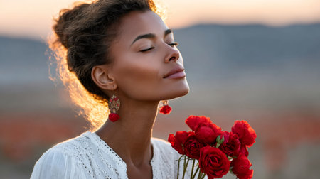 Woman standing outdoors, eyes closed, holding red roses, feeling peaceful light at sunsetの素材