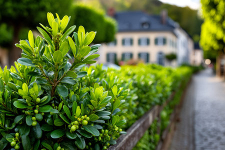 Green foliage of a trimmed hedge bordering a cobblestone path in a European villageの素材