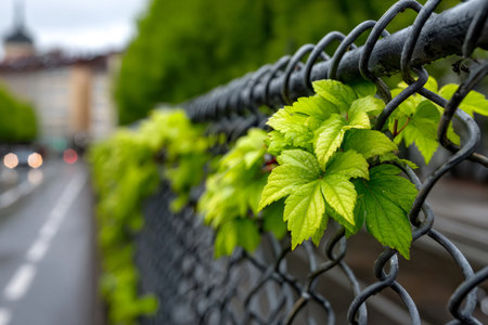 Vibrant green leaves clinging to a chain link fence by an urban street, showing nature's resilienceの素材