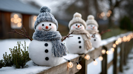 Cute snowmen decorations creating a festive holiday scene with warm bokeh lightsの素材
