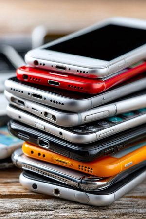 Stacked obsolete mobile phones illustrating technology obsolescence and electronic waste problemの素材