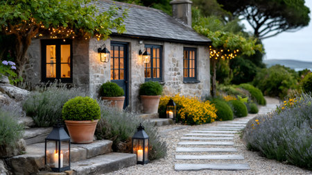 Rustic stone cottage with cozy interior lights and outdoor lanterns adding warmth to the garden pathの素材