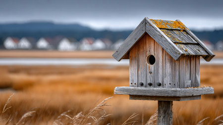 Rustic wooden birdhouse providing shelter in a peaceful golden autumn fieldの素材