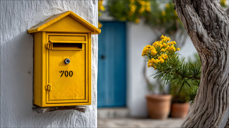 Yellow mailbox showing number 700 with a blue door and yellow flowers in the backgroundの素材
