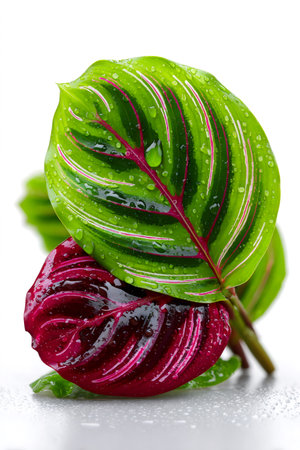 Prayer plant leaf covered in water drops showcasing its distinctive green and red colorsの素材