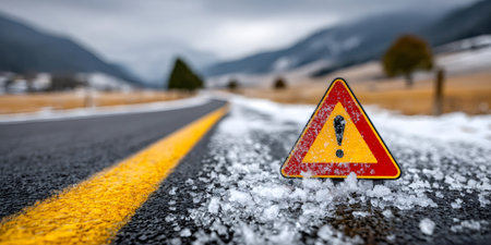 Triangular warning sign cautions about slippery conditions on a snowy mountain roadの素材