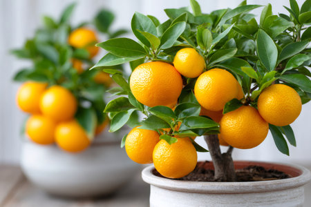 Potted calamondin citrus trees ripening with bright orange spherical fruits and green leavesの素材