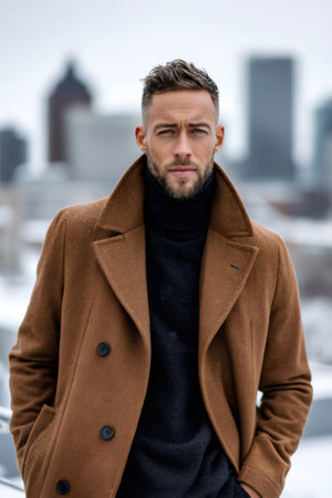 Man wearing an elegant coat and turtleneck in a snowy urban environmentの素材