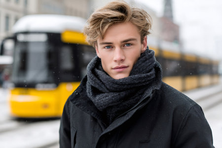 Young man wearing winter clothing standing on a city street with a tram in the backgroundの素材