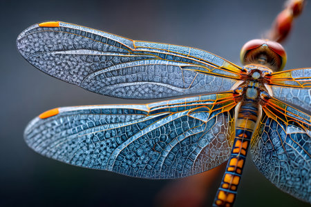 Dragonfly displaying detailed transparent wings and colorful body in a close up against a soft backgroundの素材
