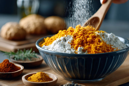 Hand adding turmeric and flour to a bowl, preparing ingredients for bakingの素材